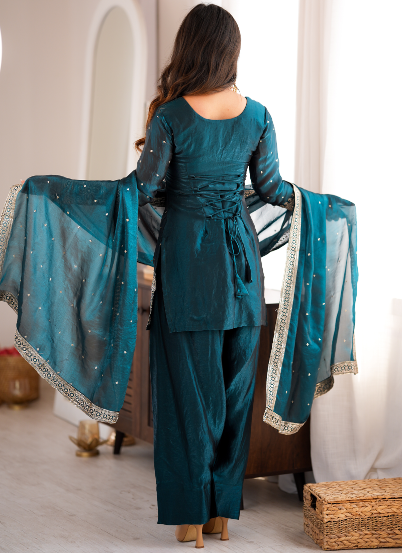 Ready To Wear Zari Embroidered Teal Blue Fandy Silk Farshi Salwar Set