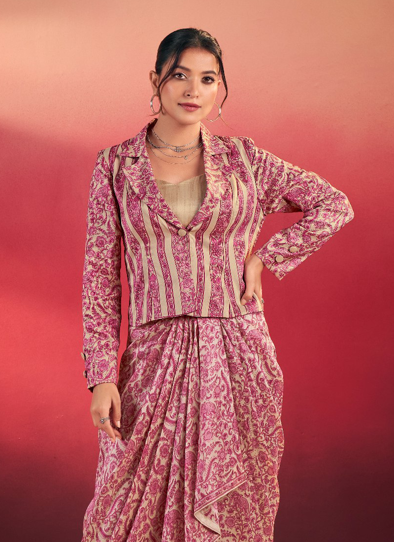 Readymade Printed Silk Pink Drape Skirt With Blouse And Jacket Set