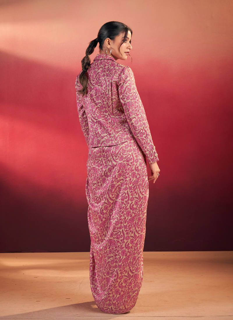 Readymade Printed Silk Pink Drape Skirt With Blouse And Jacket Set