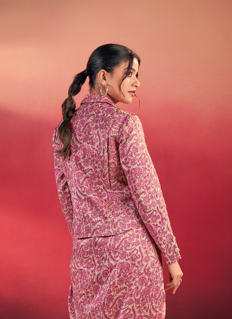 Readymade Printed Silk Pink Drape Skirt With Blouse And Jacket Set