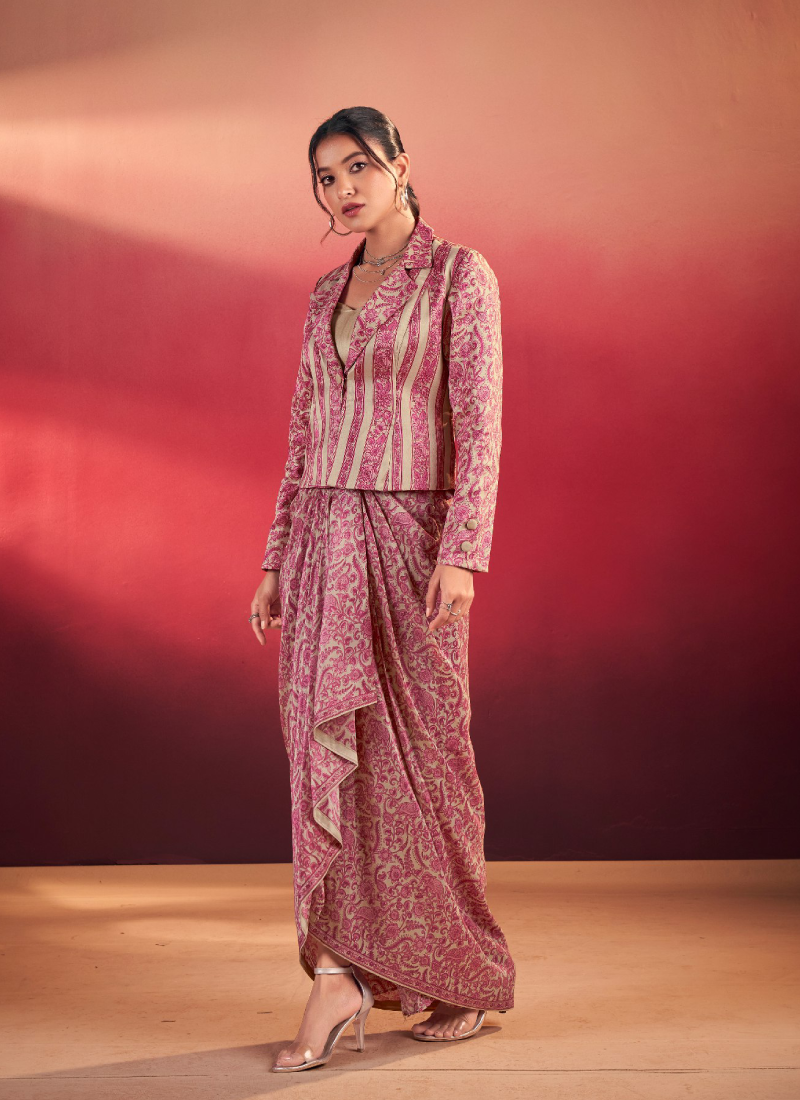 Readymade Printed Silk Pink Drape Skirt With Blouse And Jacket Set