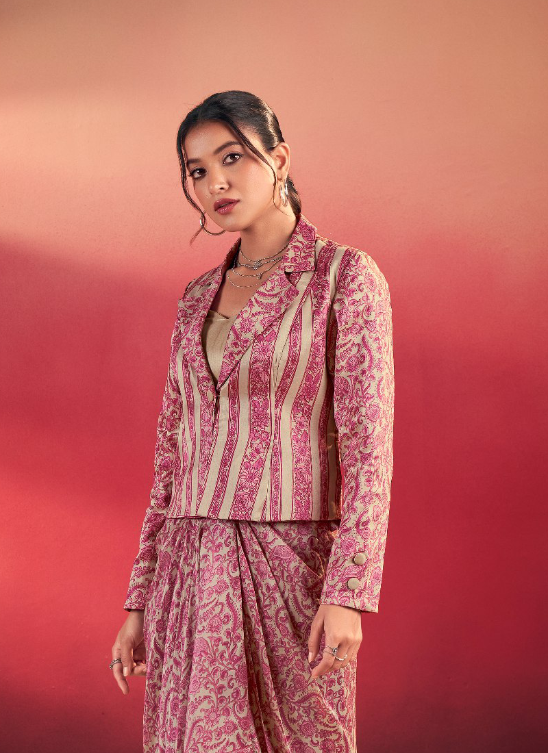 Readymade Printed Silk Pink Drape Skirt With Blouse And Jacket Set
