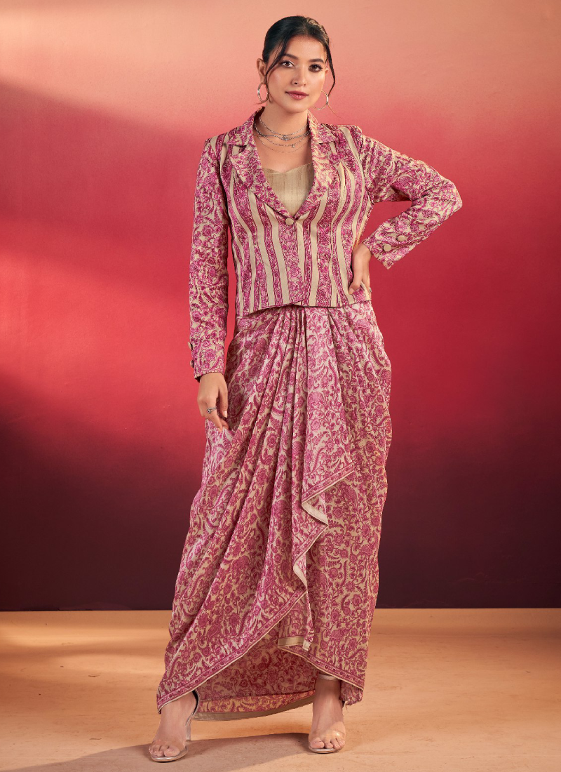 Readymade Printed Silk Pink Drape Skirt With Blouse And Jacket Set