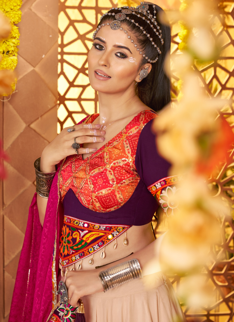 Real Mirror Embroidered Viscose Rayon Beige Chaniya Choli For Navratri