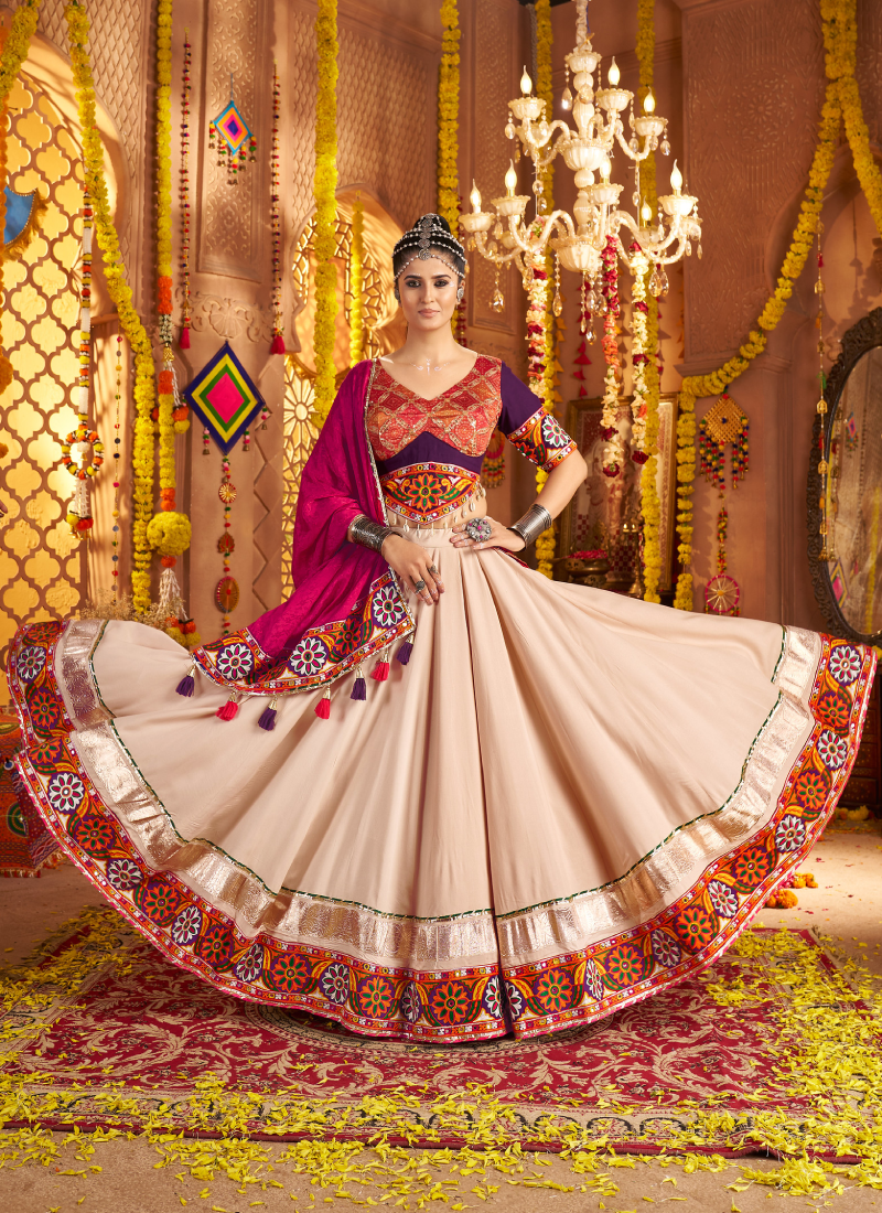 Real Mirror Embroidered Viscose Rayon Beige Chaniya Choli For Navratri