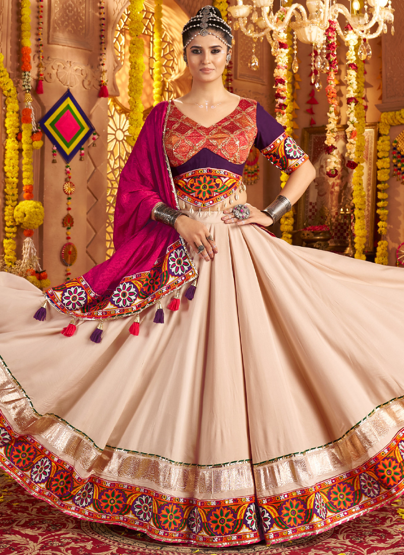 Real Mirror Embroidered Viscose Rayon Beige Chaniya Choli For Navratri
