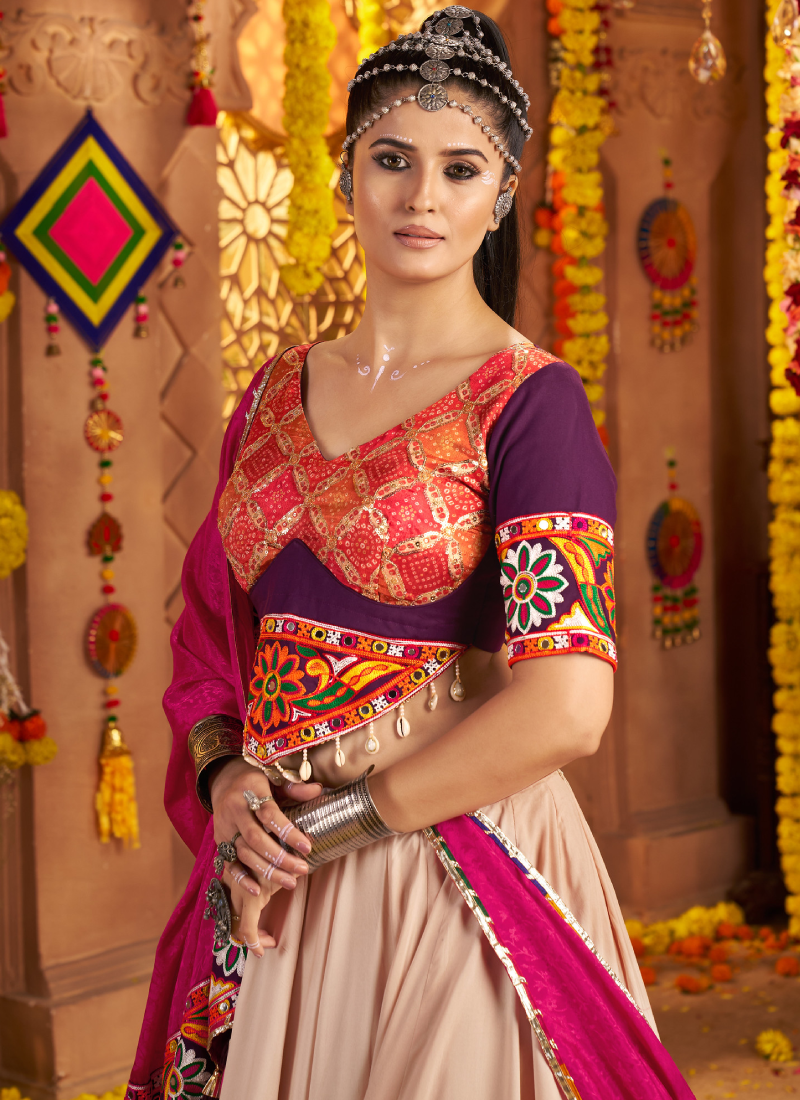 Real Mirror Embroidered Viscose Rayon Beige Chaniya Choli For Navratri