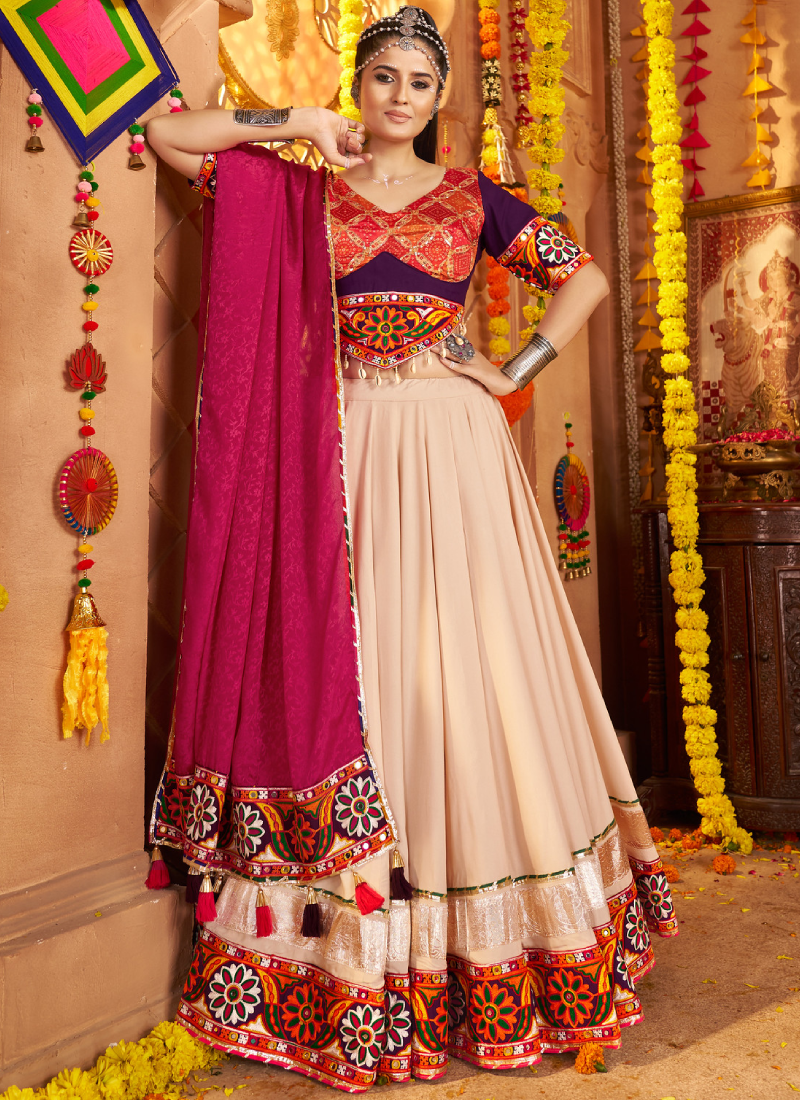 Real Mirror Embroidered Viscose Rayon Beige Chaniya Choli For Navratri