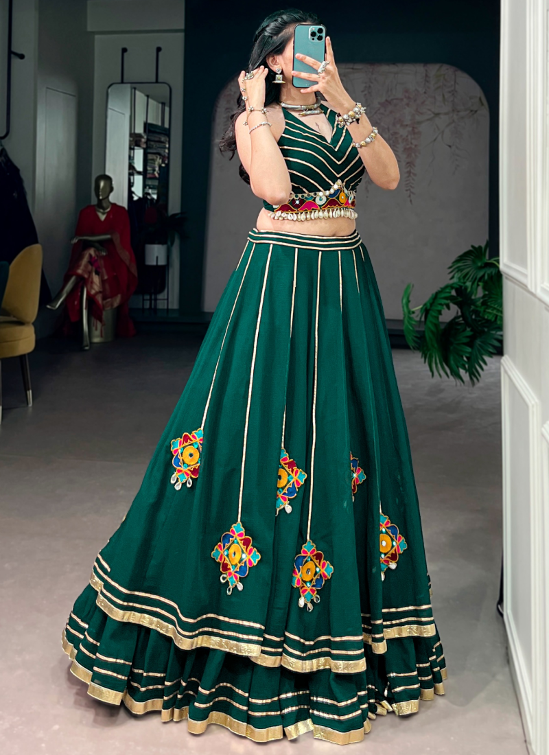 Real Mirror Gamthi Work Green Lehenga Choli For Navratri Festival