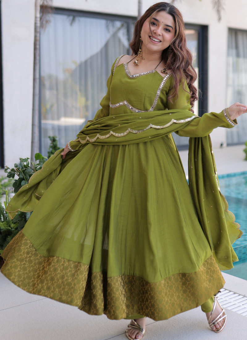 Real Mirror Lace Border Chanderi Green Mehndi Special Anarkali Gown