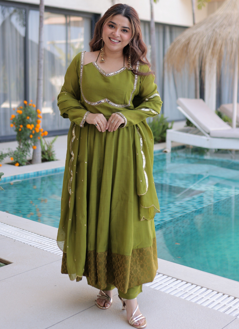 Real Mirror Lace Border Chanderi Green Mehndi Special Anarkali Gown