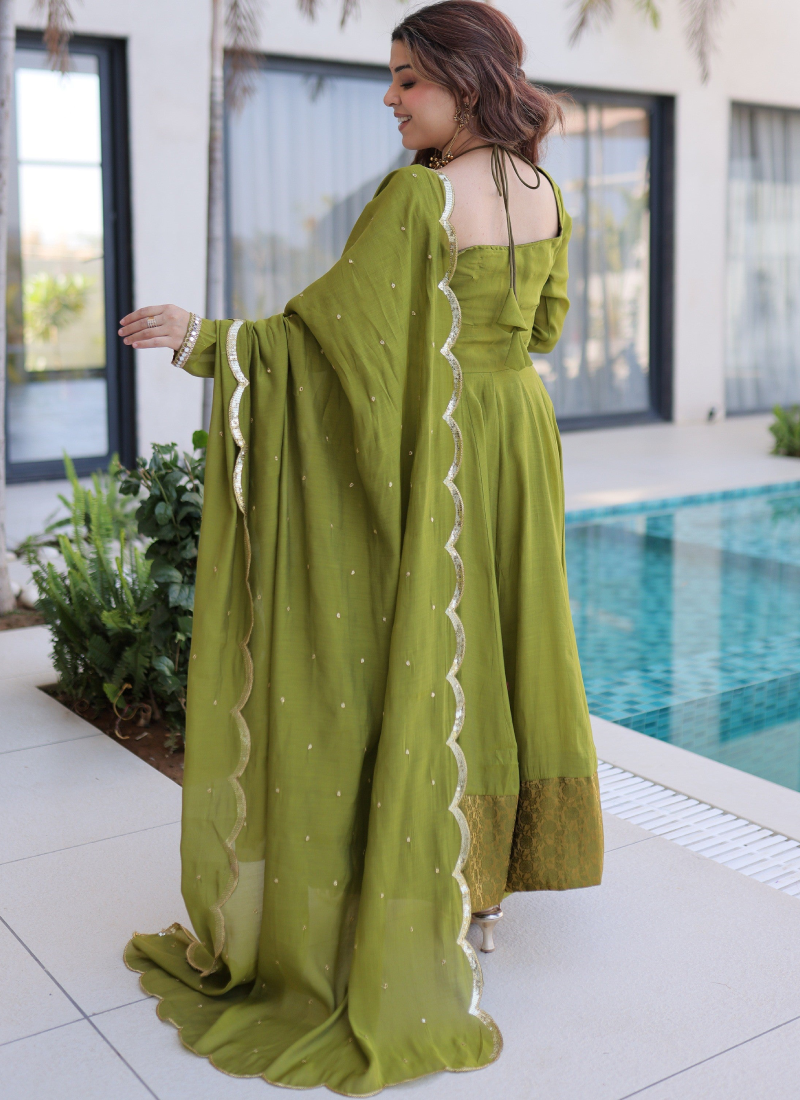 Real Mirror Lace Border Chanderi Green Mehndi Special Anarkali Gown