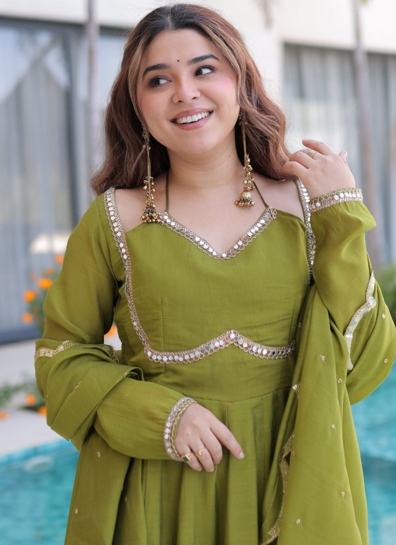 Real Mirror Lace Border Chanderi Green Mehndi Special Anarkali Gown