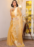 Real Mirror Work Haldi Special Yellow Organza Saree And Blouse