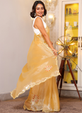 Real Mirror Work Haldi Special Yellow Organza Saree And Blouse