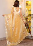 Real Mirror Work Haldi Special Yellow Organza Saree And Blouse