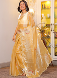 Real Mirror Work Haldi Special Yellow Organza Saree And Blouse