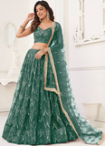 Real Mirror Work Soft Net Green Lehenga Choli For Women