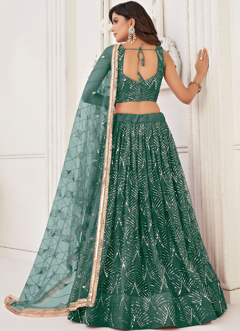 Real Mirror Work Soft Net Green Lehenga Choli For Women