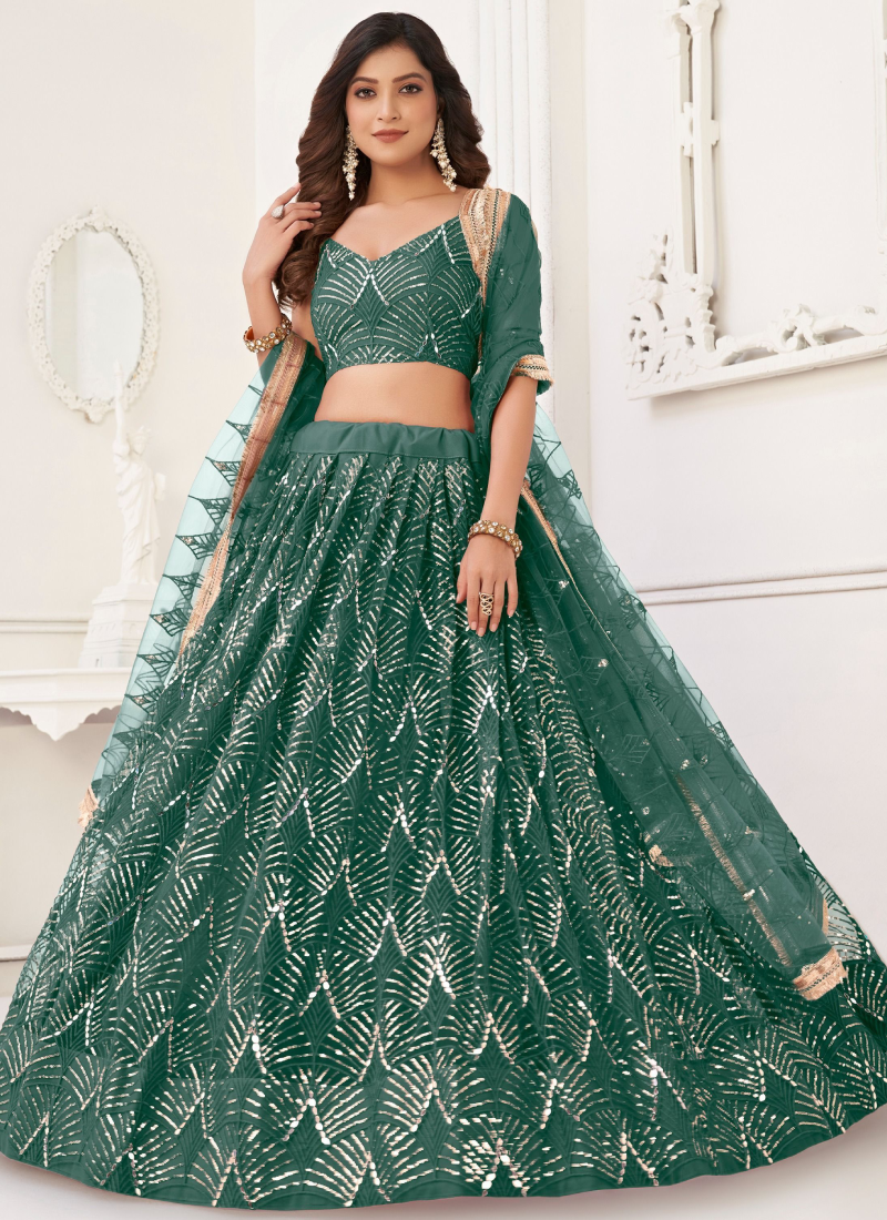Real Mirror Work Soft Net Green Lehenga Choli For Women