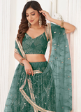 Real Mirror Work Soft Net Green Lehenga Choli For Women