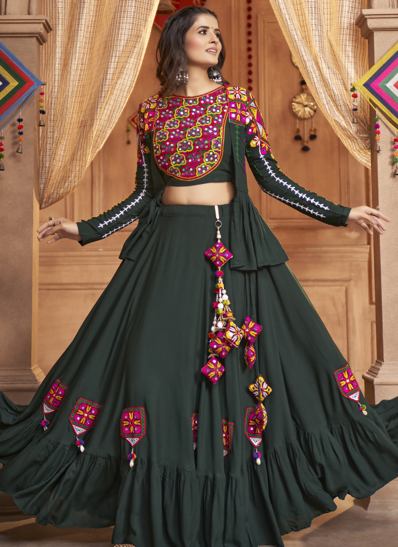 Real Mirror Work Viscose Rayon Dark Green Lehenga Choli With Koti