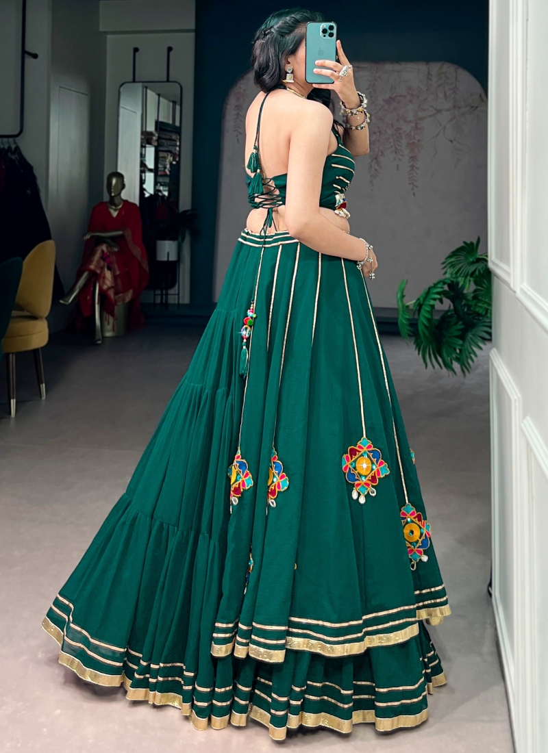 Real Mirror Gamthi Work Green Lehenga Choli For Navratri Festival