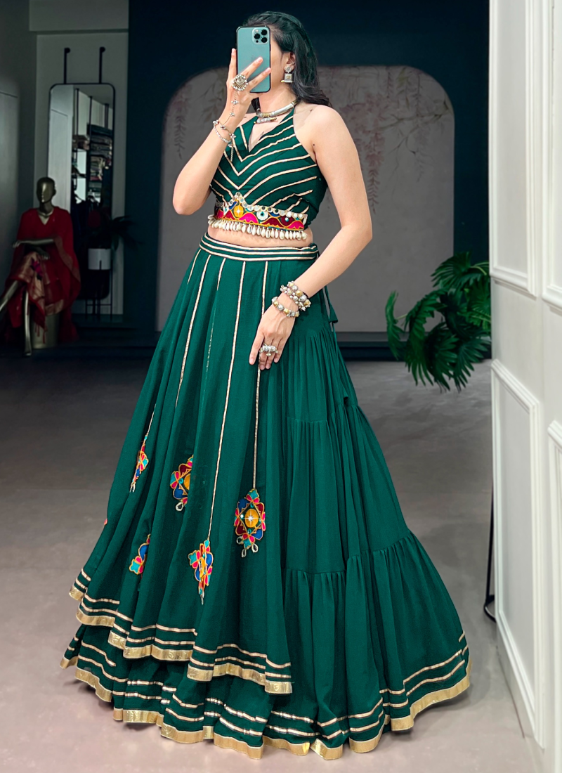 Real Mirror Gamthi Work Green Lehenga Choli For Navratri Festival