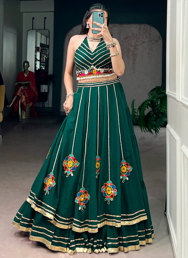 Real Mirror Gamthi Work Green Lehenga Choli For Navratri Festival