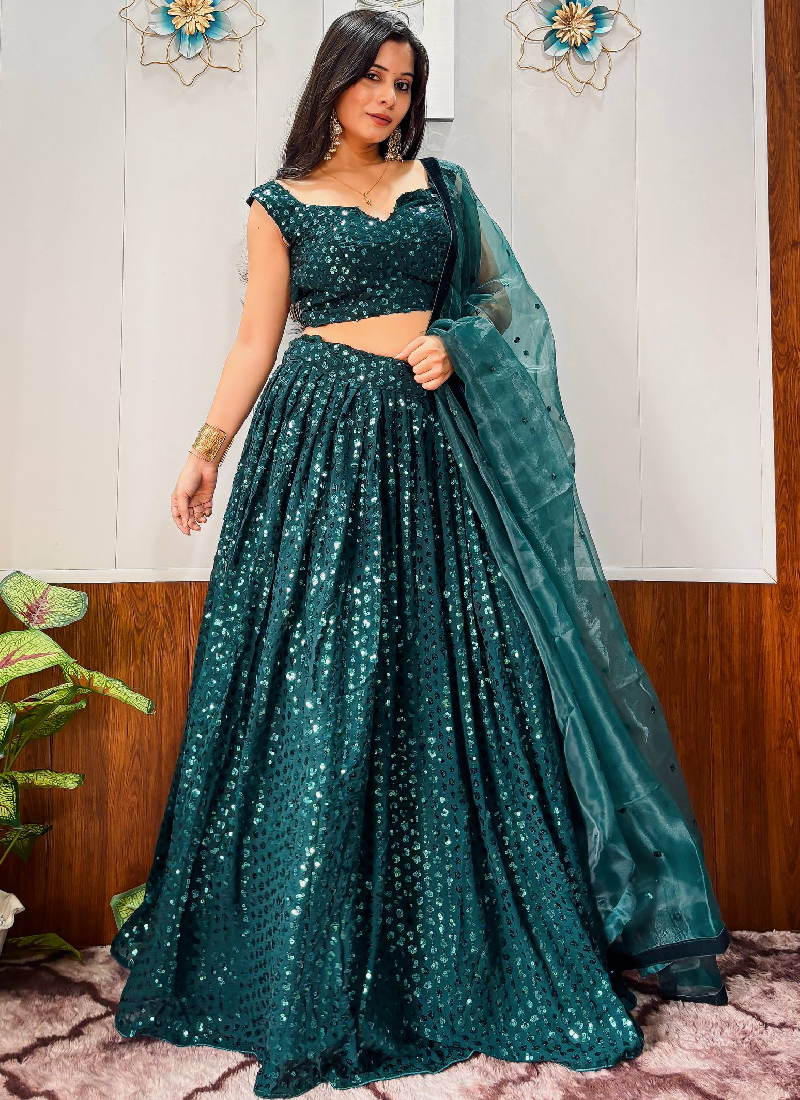 Reception Wear Georgette Heavy Sequins Work Green Lehenga Choli