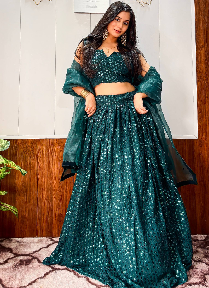 Reception Wear Georgette Heavy Sequins Work Green Lehenga Choli