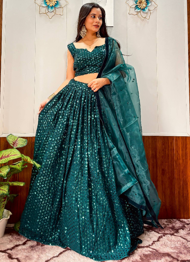 Reception Wear Georgette Heavy Sequins Work Green Lehenga Choli