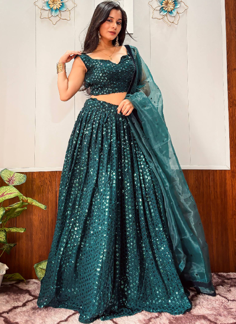 Reception Wear Georgette Heavy Sequins Work Green Lehenga Choli