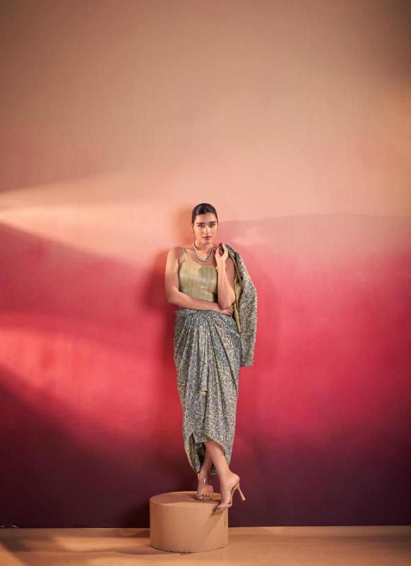 Reception Wear Silk Printed Blue Ready-made Drape Skirt Blouse Set