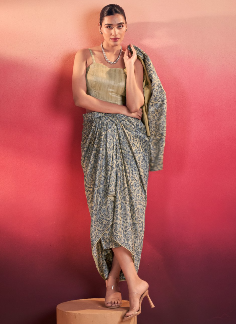 Reception Wear Silk Printed Blue Ready-made Drape Skirt Blouse Set