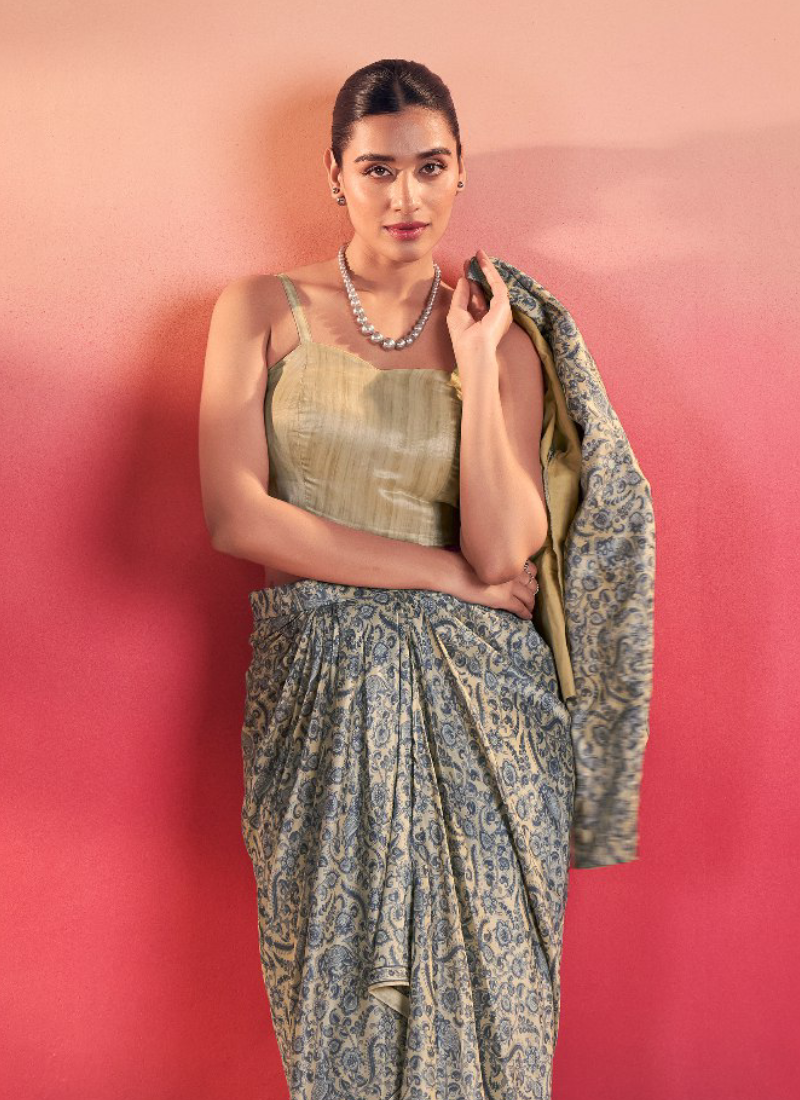 Reception Wear Silk Printed Blue Ready-made Drape Skirt Blouse Set