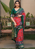 Red And Green Foil Printed Dola Silk Saree For Wedding