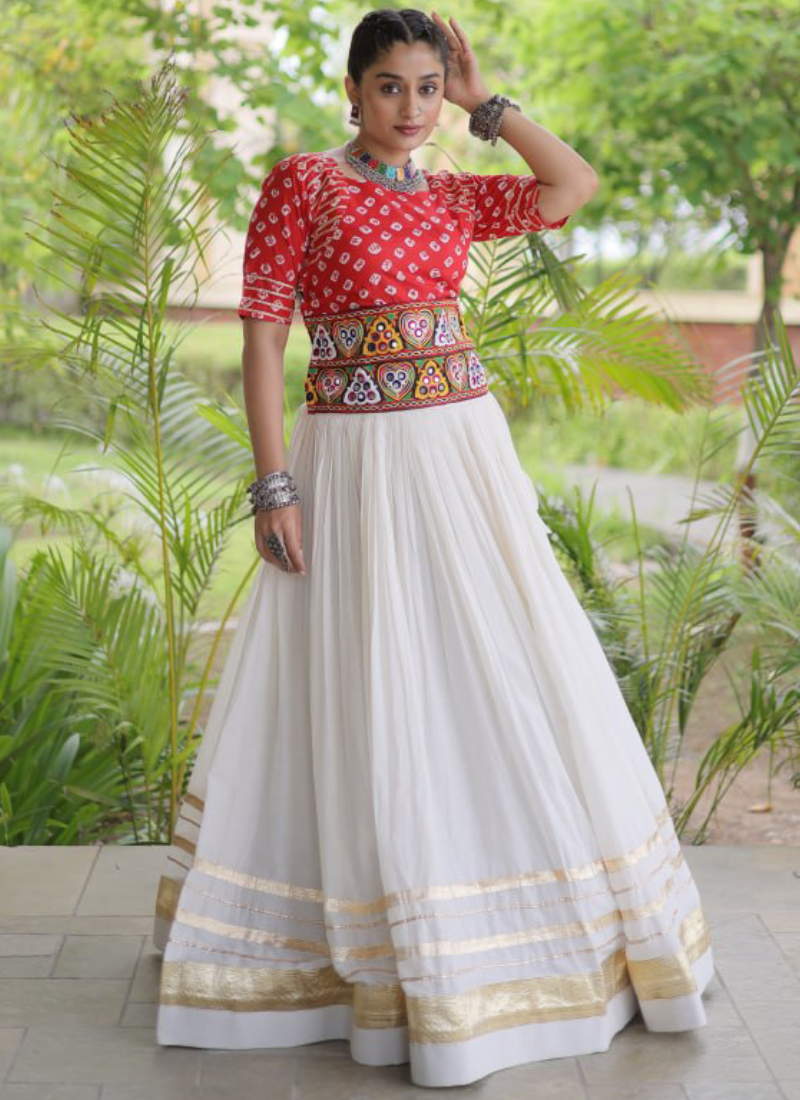 Red Gamthi Embroidered Cora Cotton Bandhani Printed Navratri Lehenga