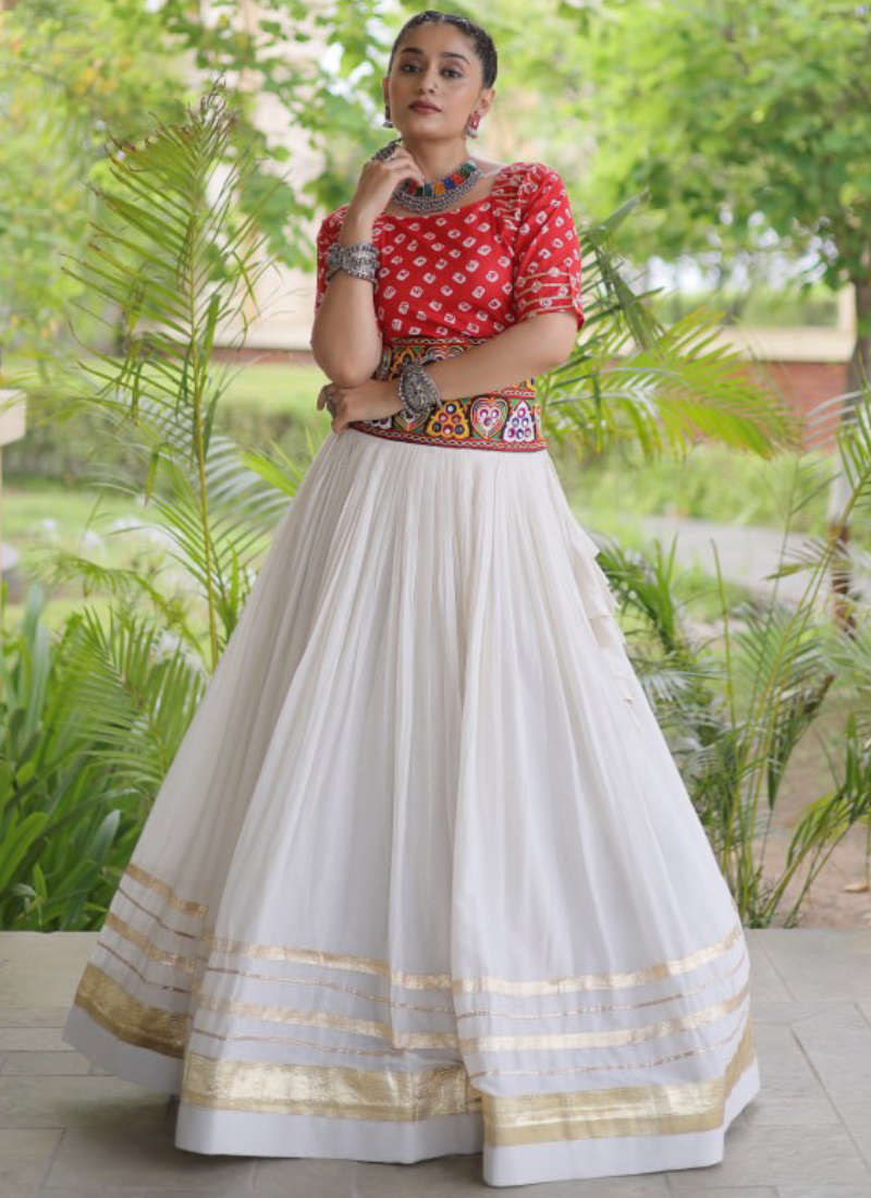 Red Gamthi Embroidered Cora Cotton Bandhani Printed Navratri Lehenga