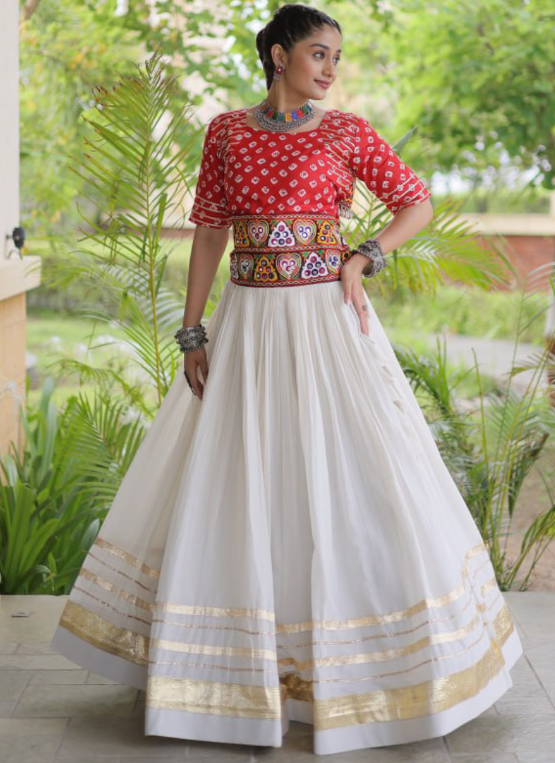 Red Gamthi Embroidered Cora Cotton Bandhani Printed Navratri Lehenga