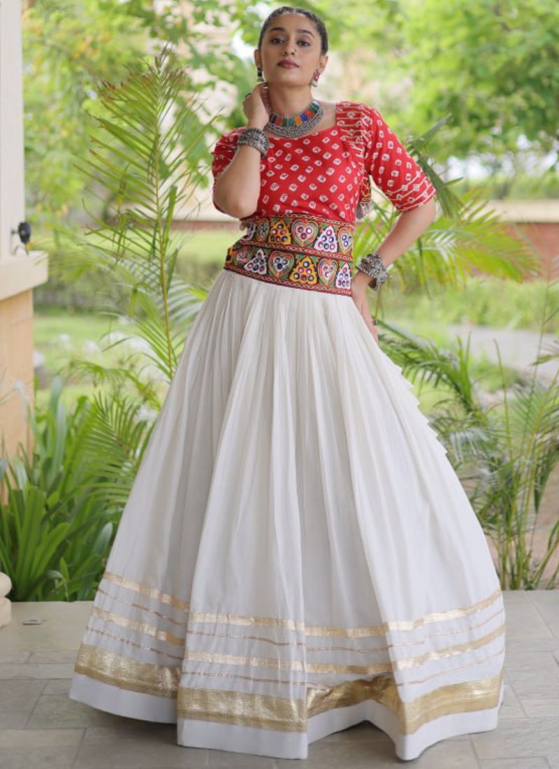 Red Gamthi Embroidered Cora Cotton Bandhani Printed Navratri Lehenga