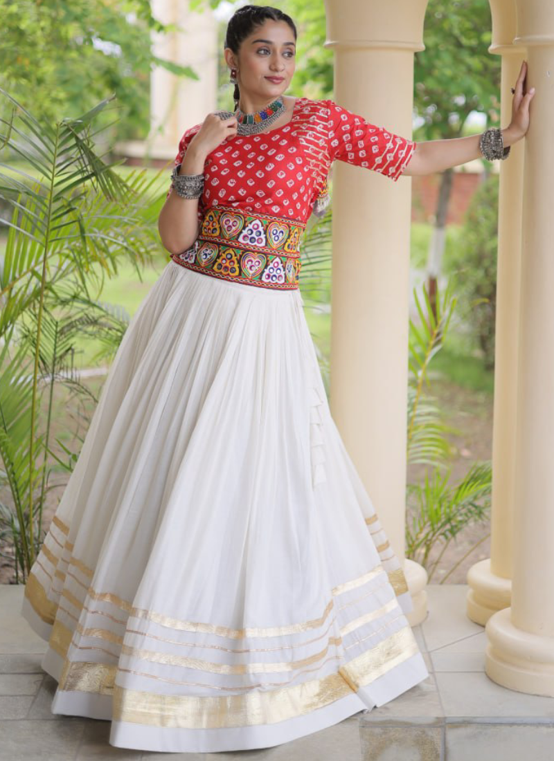 Red Gamthi Embroidered Cora Cotton Bandhani Printed Navratri Lehenga