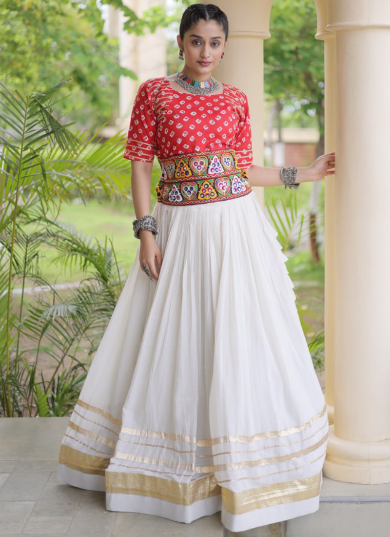 Red Gamthi Embroidered Cora Cotton Bandhani Printed Navratri Lehenga