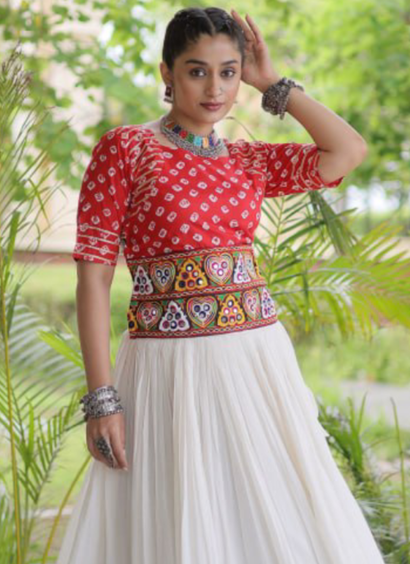 Red Gamthi Embroidered Cora Cotton Bandhani Printed Navratri Lehenga