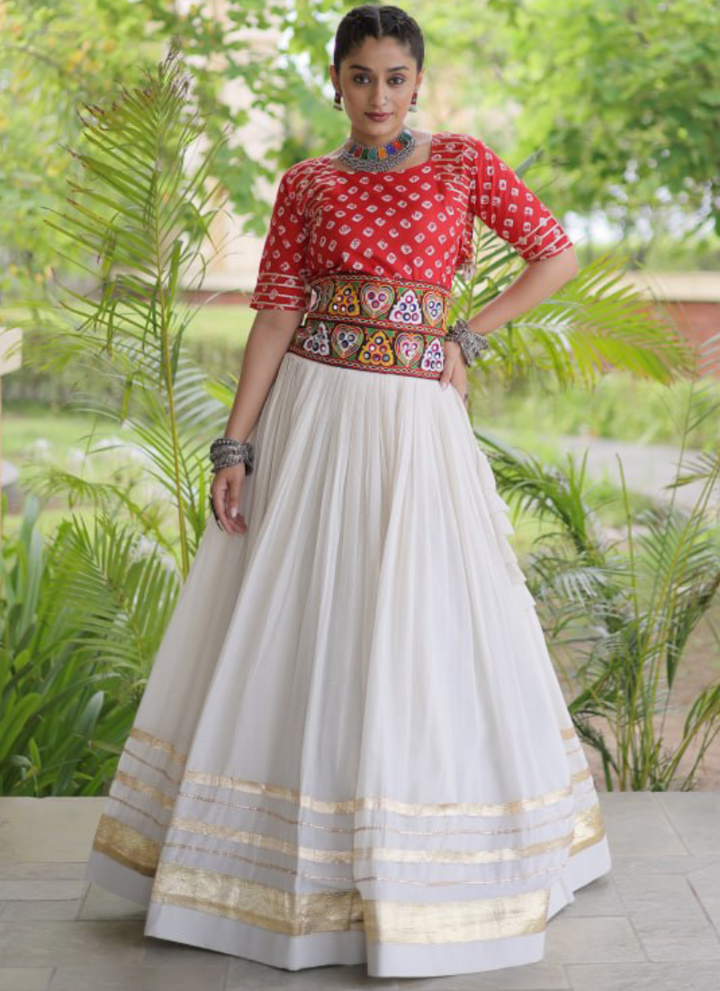 Red Gamthi Embroidered Cora Cotton Bandhani Printed Navratri Lehenga