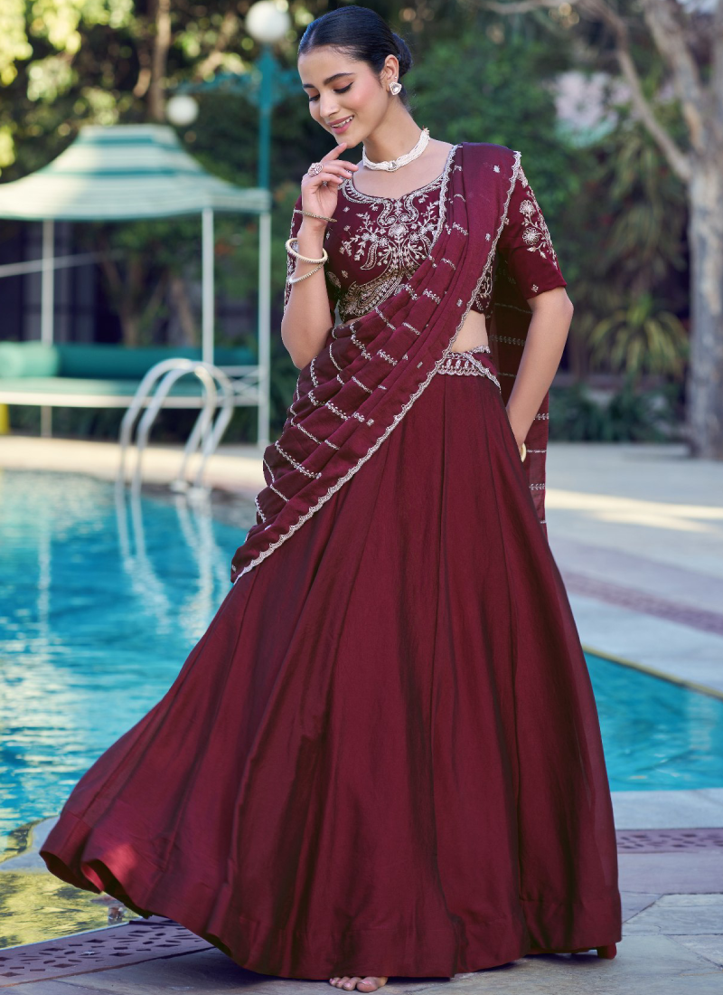 Red Rangoli Crush Embroidered Semi Stitched Lehenga Choli for Women