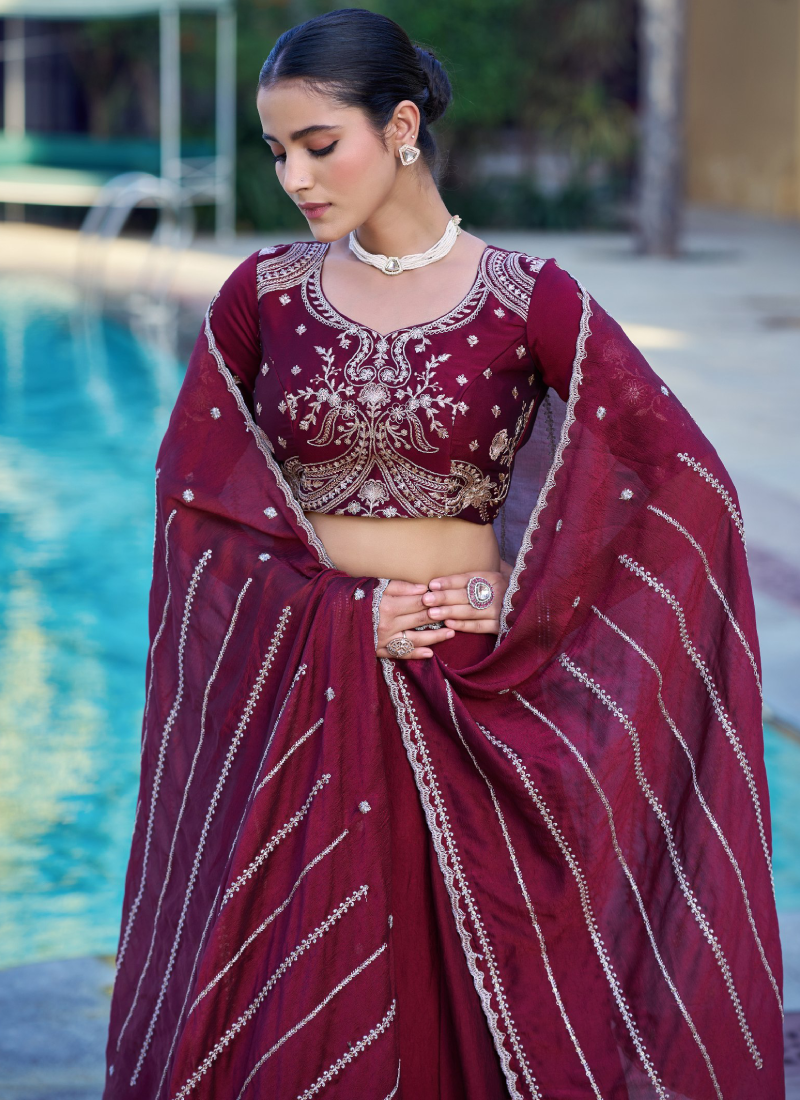 Red Rangoli Crush Embroidered Semi Stitched Lehenga Choli for Women