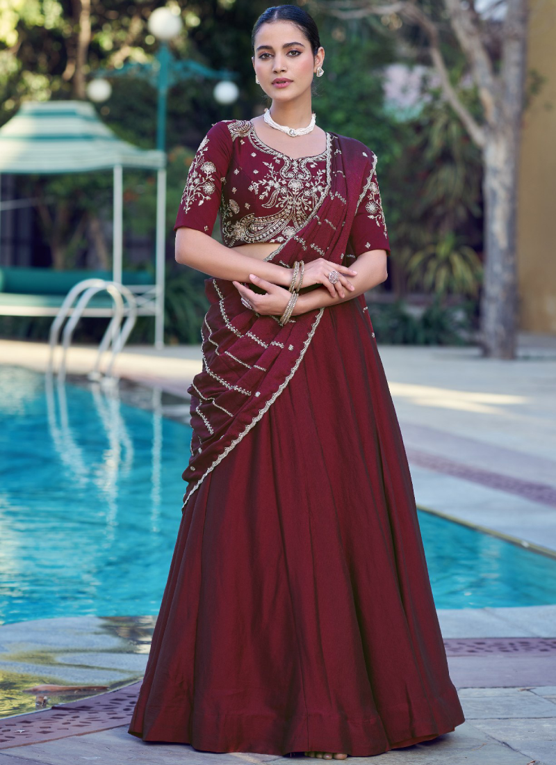 Red Rangoli Crush Embroidered Semi Stitched Lehenga Choli for Women