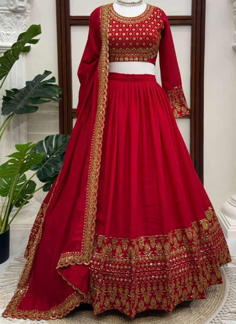 Red Vichitra Silk Thread Sequence Embroidery Lehenga Set For Wedding