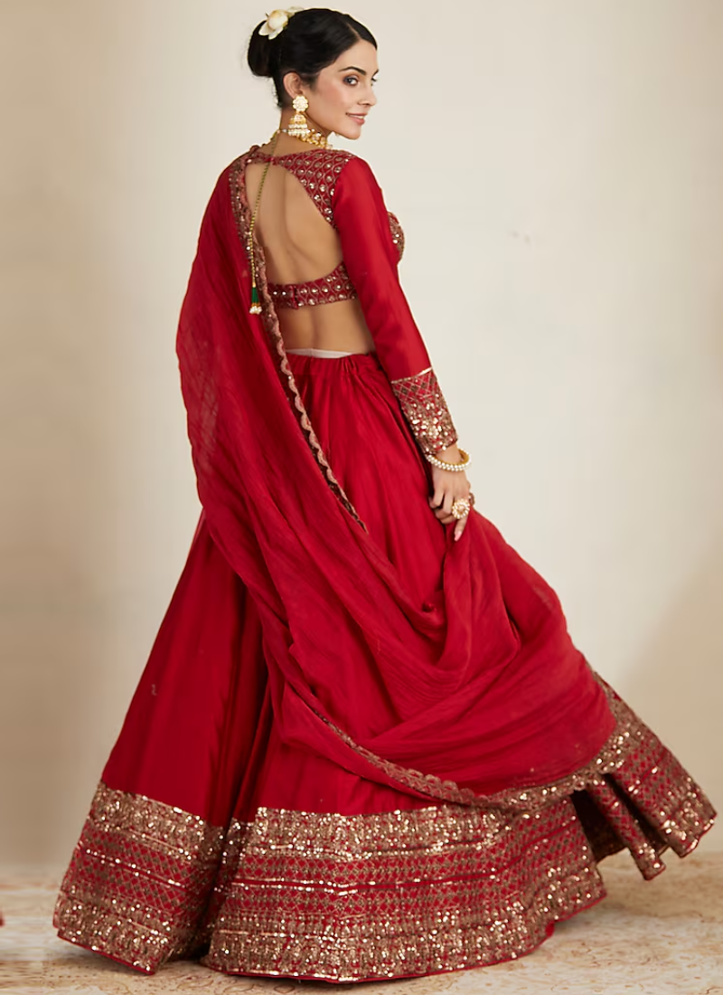 Red Vichitra Silk Thread Sequence Embroidery Lehenga Set For Wedding